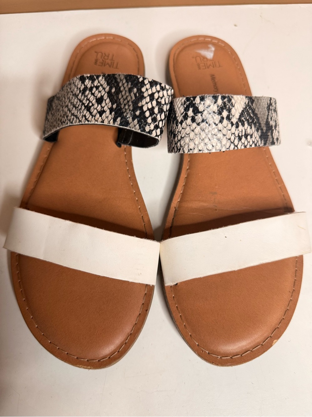 Time and Tru White & Snakeskin Double-Strap Slide Sandals